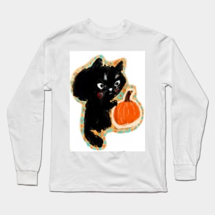 Black Kitty cat with pumpkin! Halloween sweetness! Long Sleeve T-Shirt